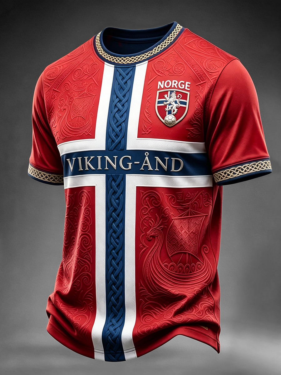 Herre-T-skjorte med kortermet, inspirert av norsk fotball, viking- og keltisk mønster