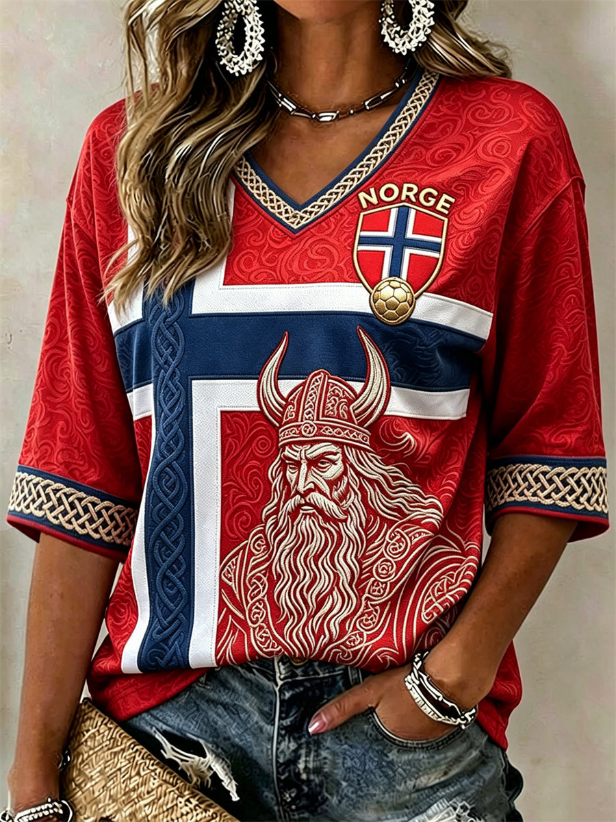 Kvinner fotball Viking kriger Celtic Knutflagg Skriv ut midt lengde ermer V-hals T-shirt