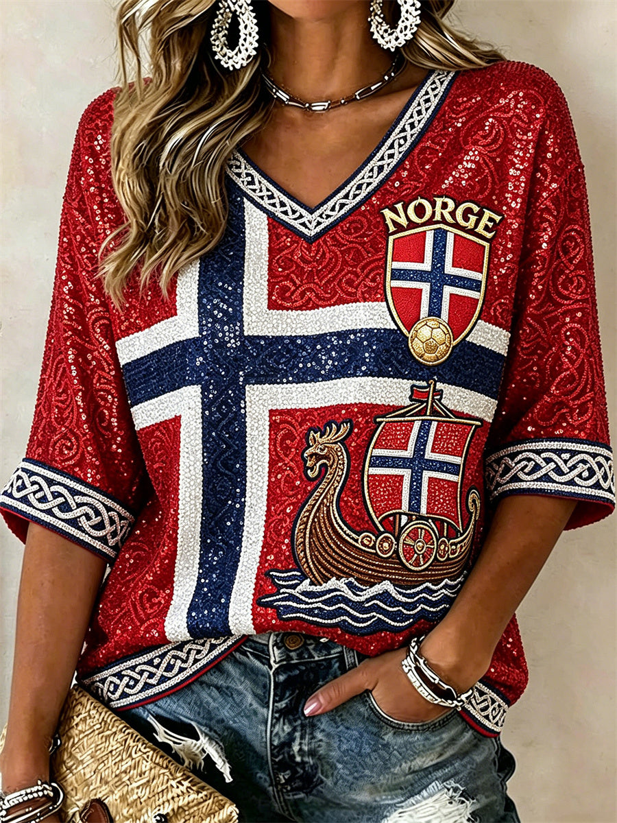 Kvinnerfotball Vikingeskip Celtic Knut flagg Glitter Skriv ut mellom lengde V-hals T-shirt