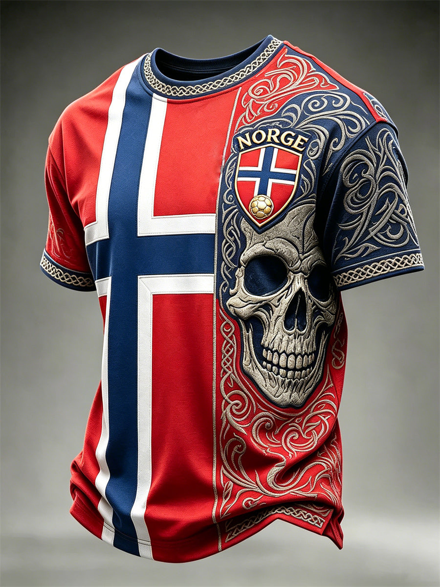 Menns Norge fotball Viking Skull Celtic Knott Flag Fargeblock Skriv ut korte ermer t-skjorte