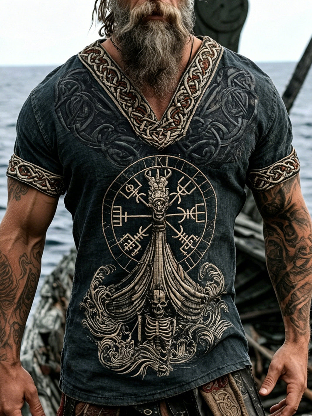 Mænds retro vikingepirat-T-shirt med kranieprint i bomuld og hør