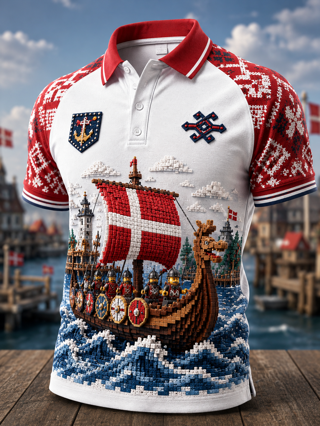 Mænds dansk vikingetid kunstprint poloshirt