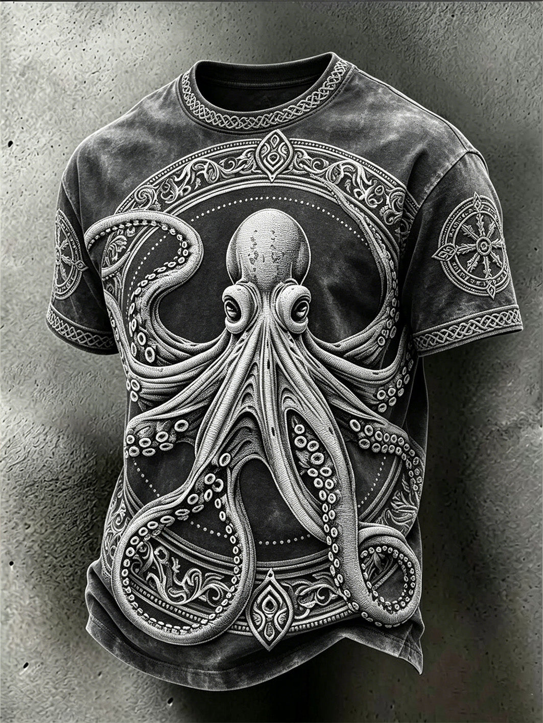 Mænds Retro Viking Ocean Animal Mønster Trykt vasket T-shirt