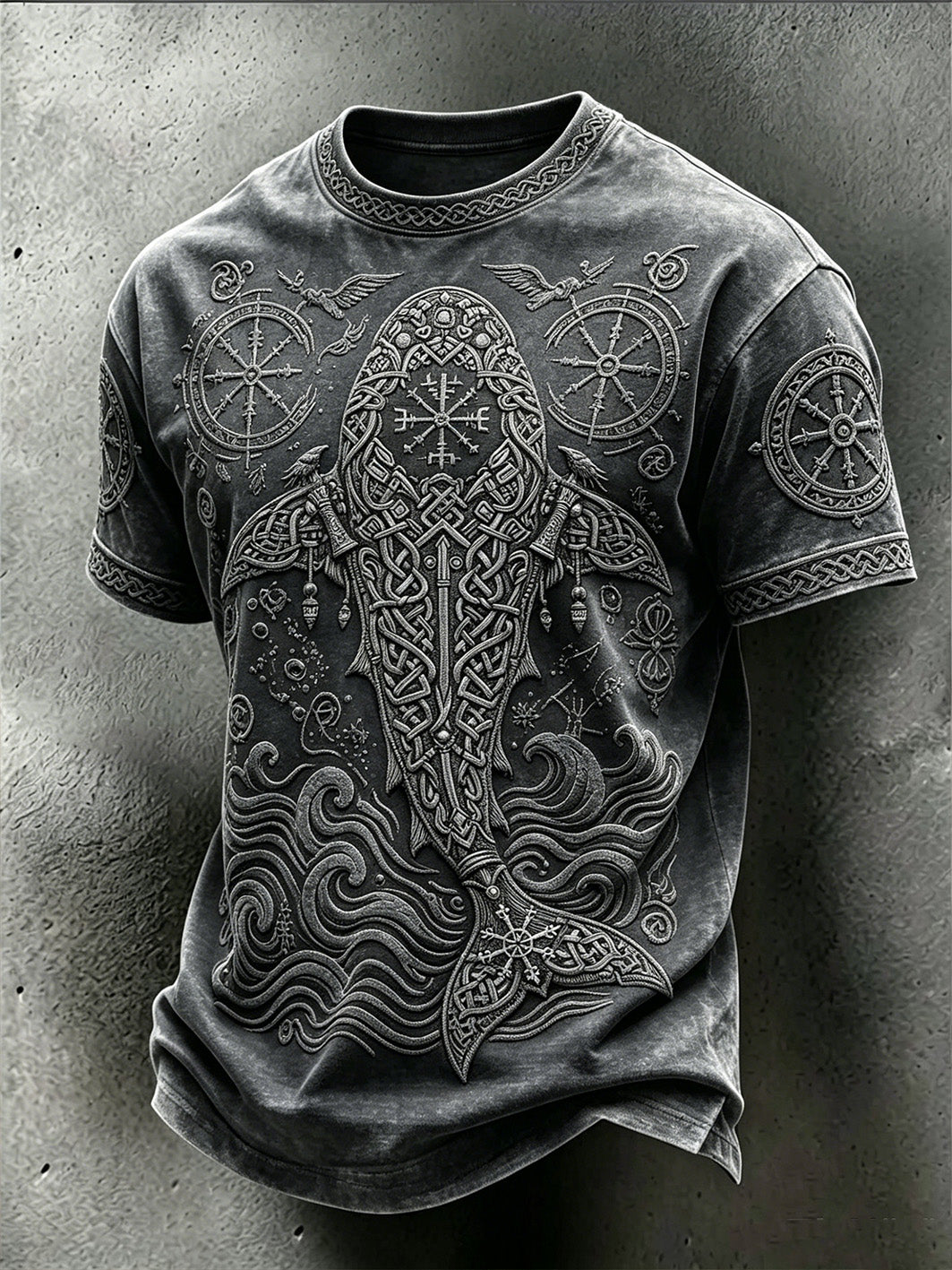 Mænds Retro Viking Ocean Animal Mønster Trykt vasket T-shirt