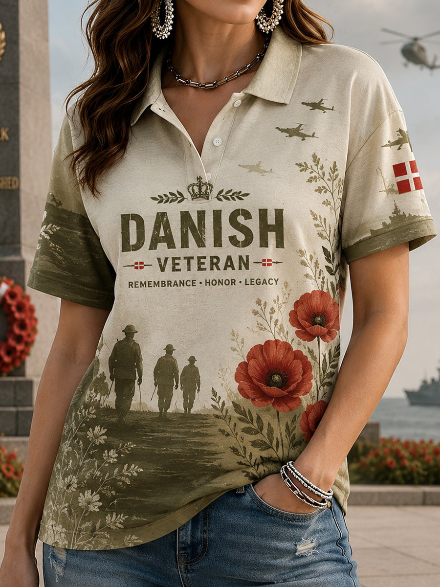 Kvinders kortærme Polo skjorte med Vintage Militær-stil Print