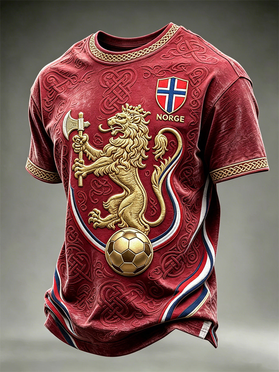 Herre-T-shirt med kort ærme fra Norway Football, printet med løve, viking og keltisk knude