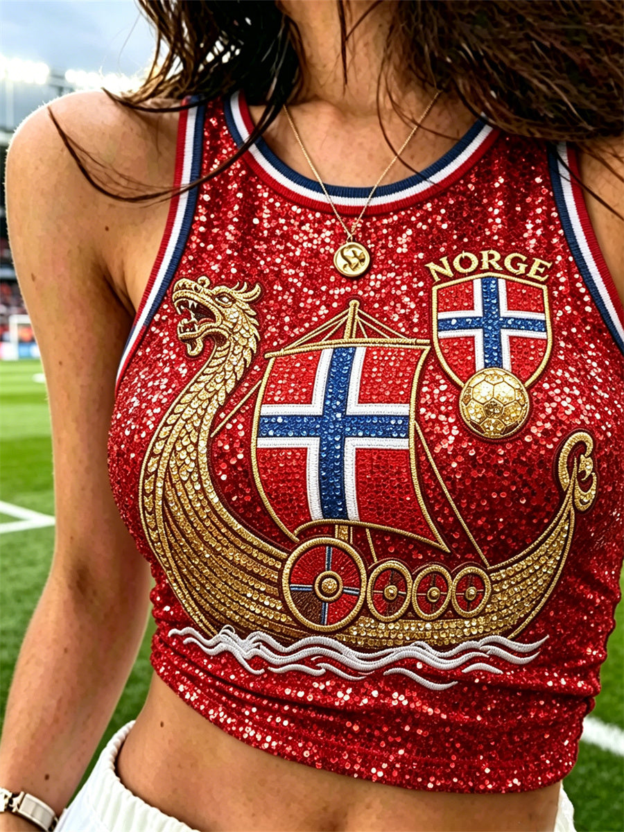 Kvinders Norge-fodbold Vikingeskibsflag inspireret glimmerprint crop-tanktop