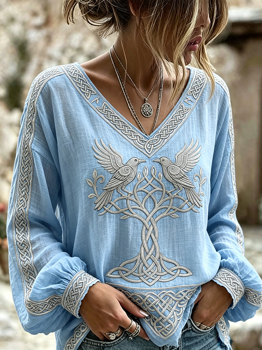 Kvinders Vintage Viking Inspireret kunst mønster Print bomuld-Linen skjorte