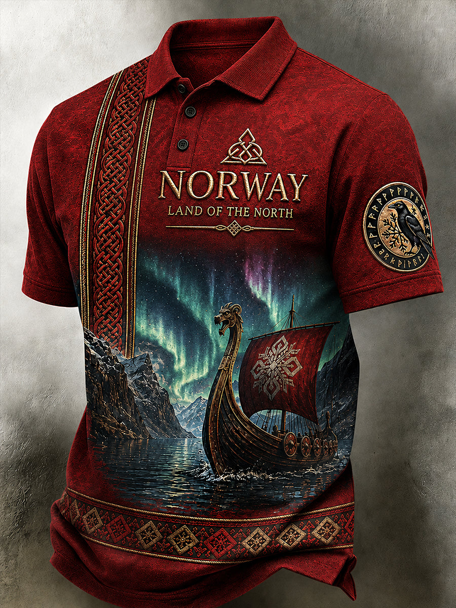 Menns Retro Nordisk-stil Polo-skjorte med norsk kunst utskrift.