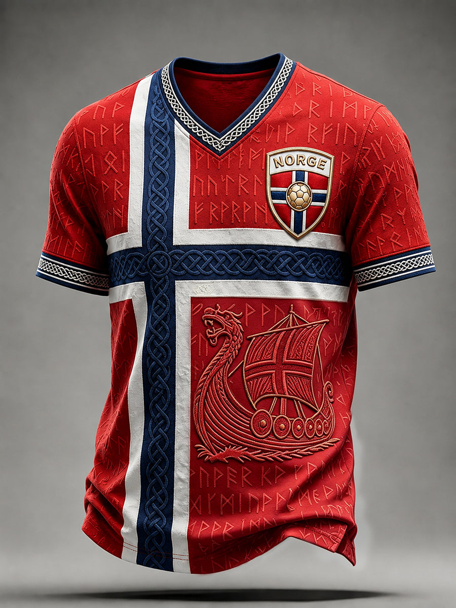 Menns norsk fotball Viking inspirert Celtic Print V-hals T-skjorte