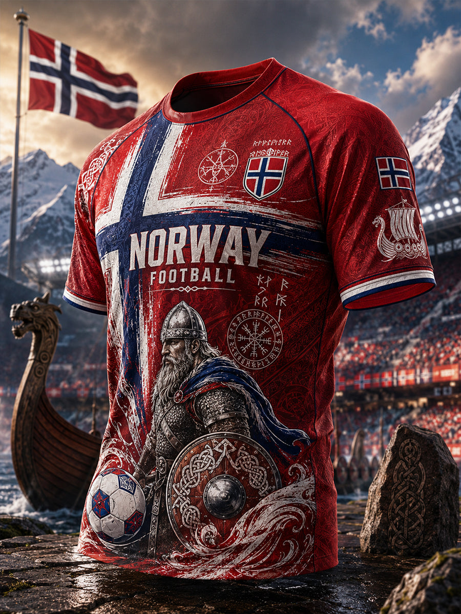 Herrers raglanskjorte med viking- og fotballmotiv, kortermet t-skjorte
