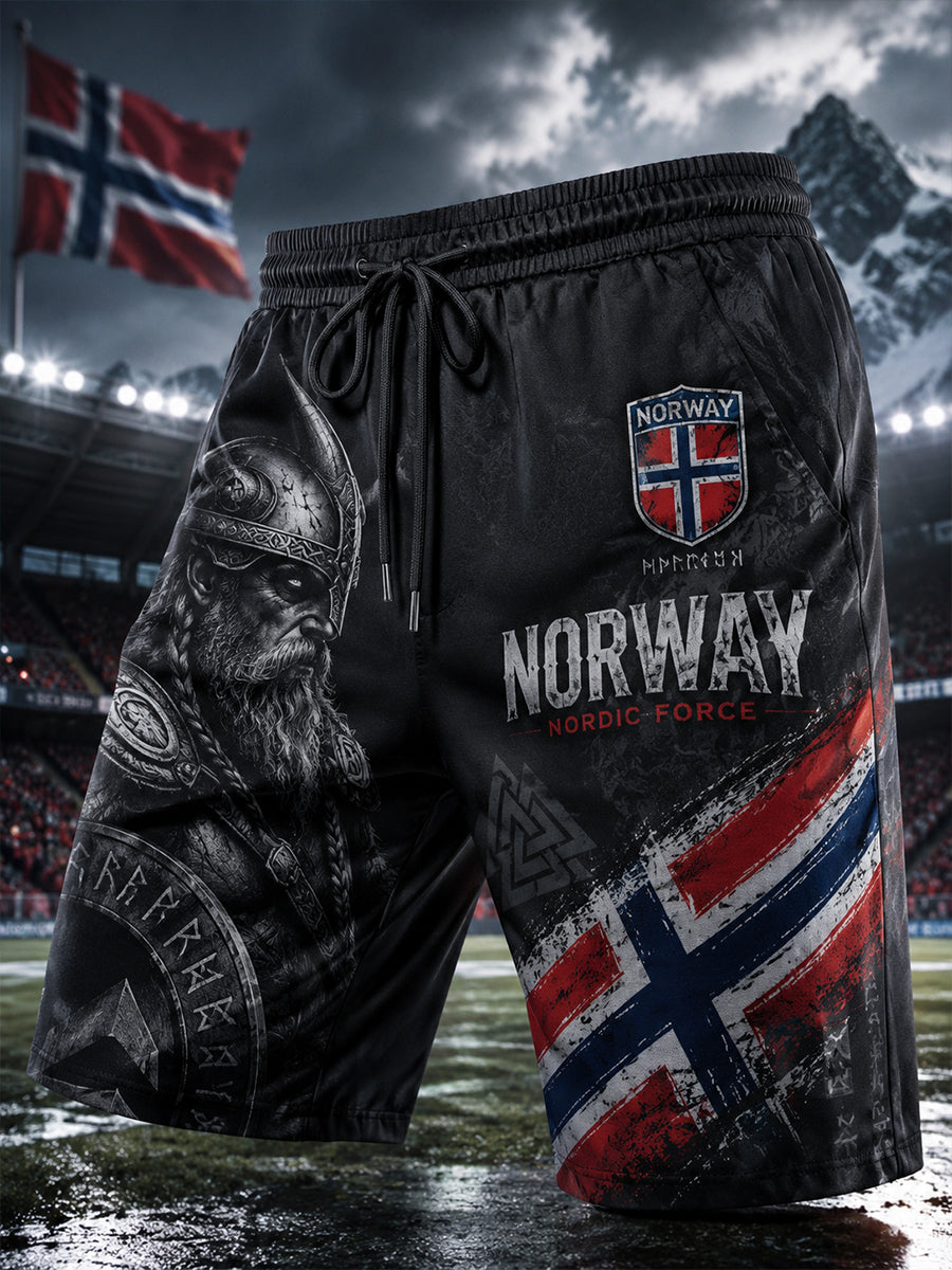 Menns sportsshortser med viking- og fotballmotiv