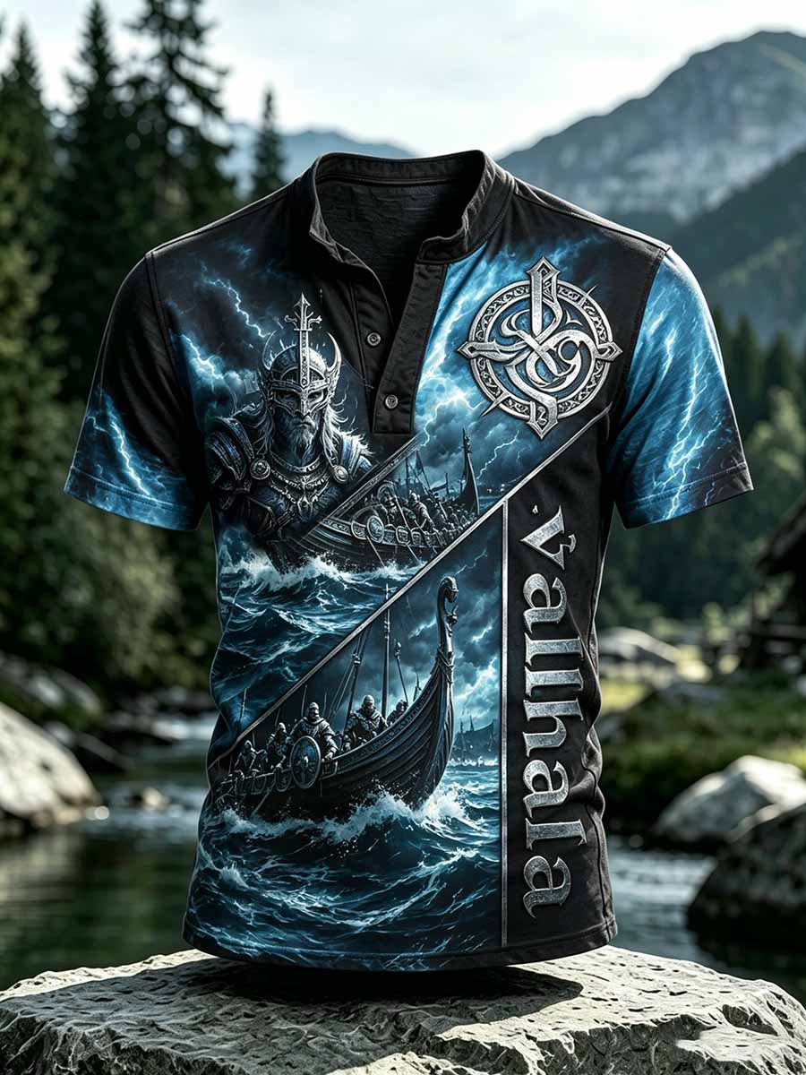 Mænds retro viking Valhalla-mønstret t-shirt