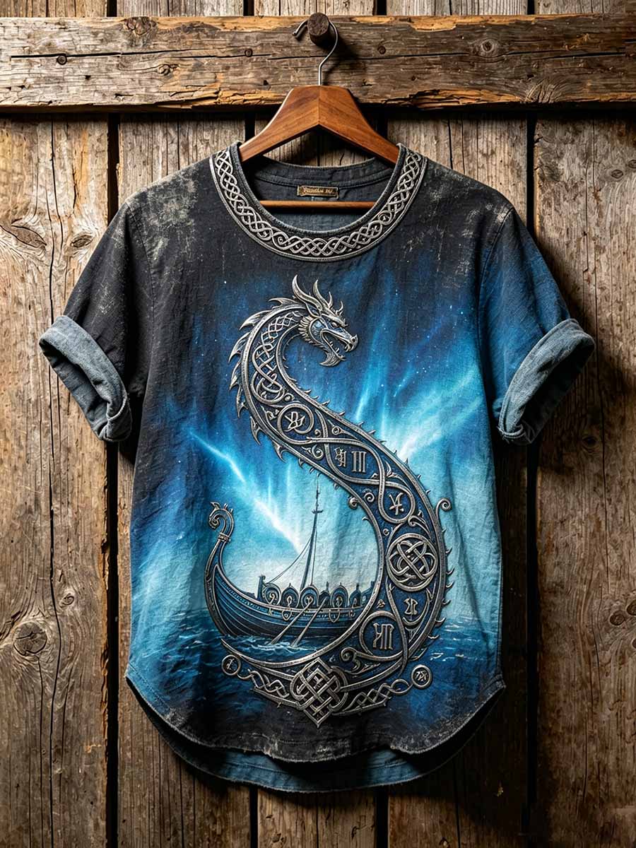 Mænds Vintage Viking drage skib Mønster trykt T-shirt