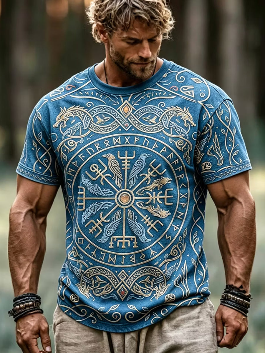 Mænds retro vikingetidskunstprint afslappet t-shirt
