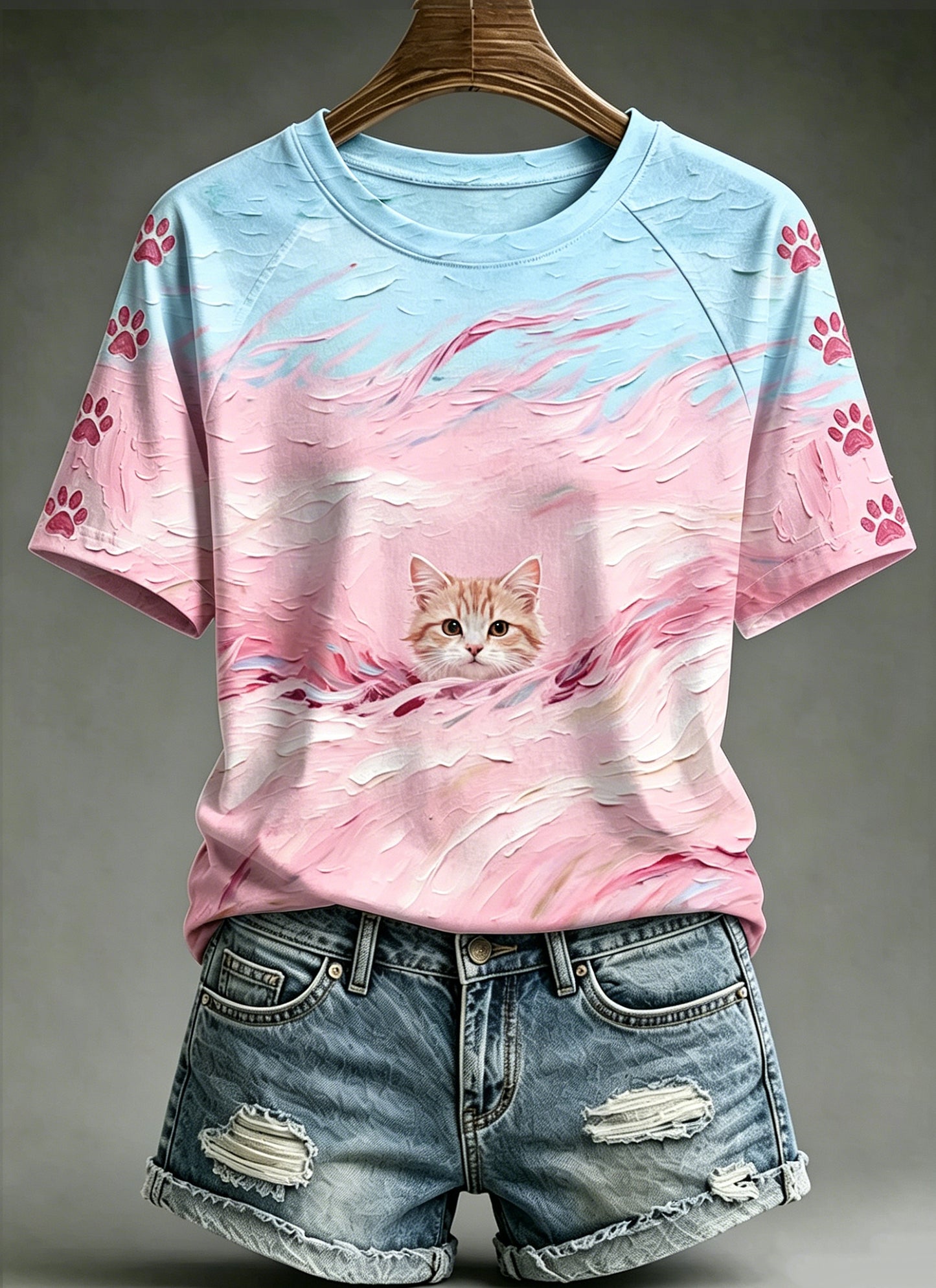 Kvinders Oliemaleri Dyr Kat Printed Vintage Fashion Loose korte ærme T-shirt