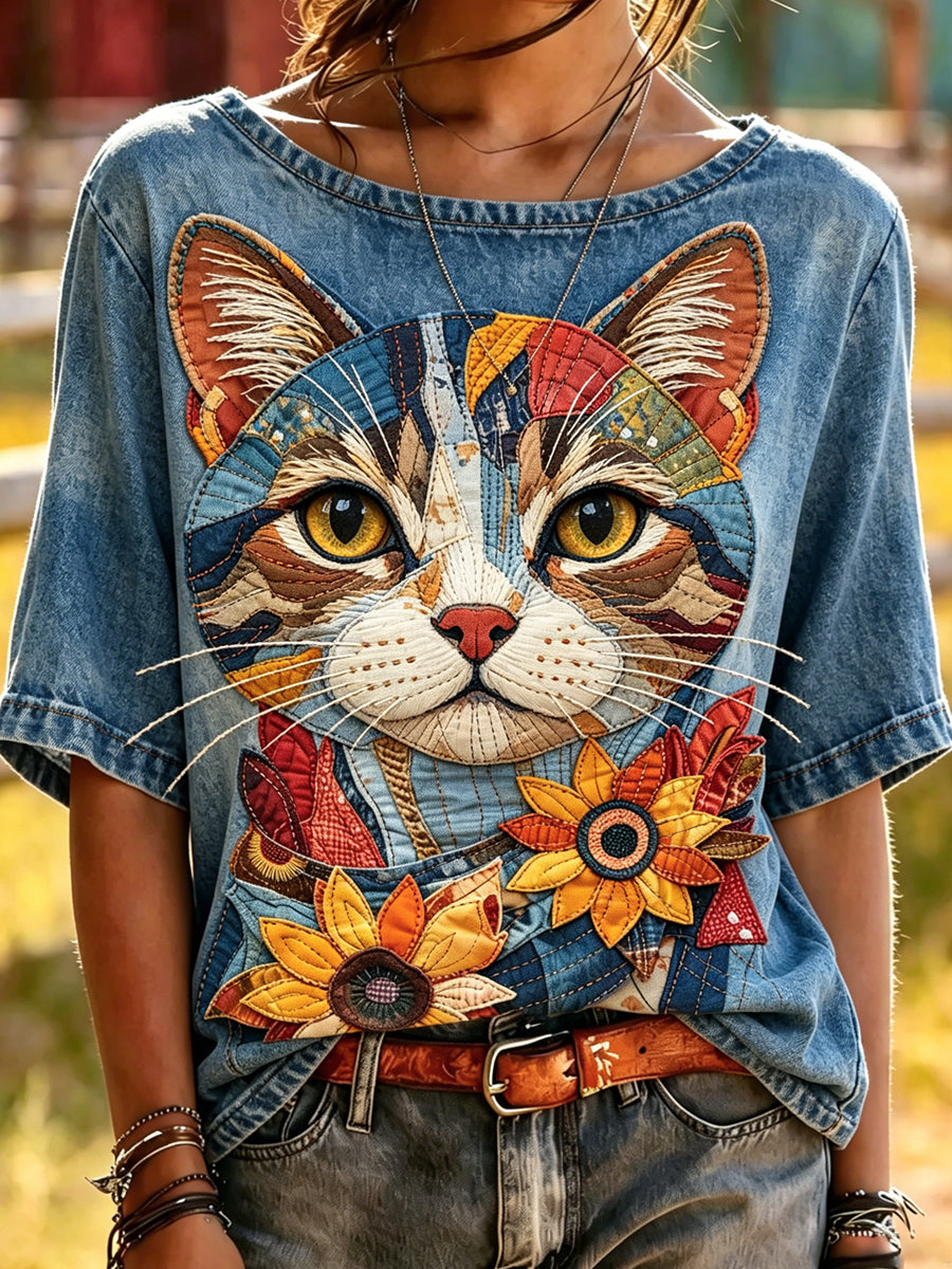 Kvinders dyr kat trykket Vintage Fashion Loose korte ærme T-shirt