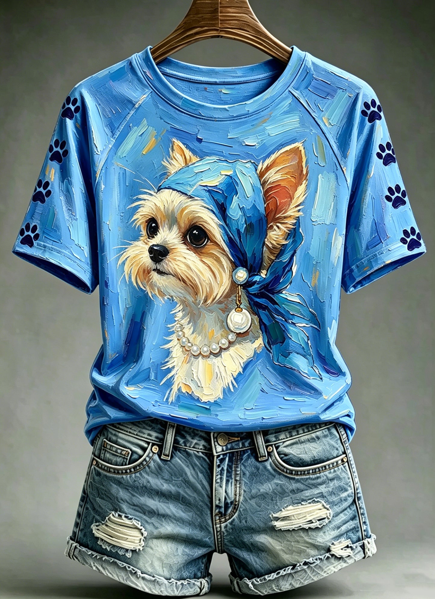 Kvinders Oliemaleri Dyr Funny Hund Trykket Vintage Fashion Løs korte ærme T-shirt