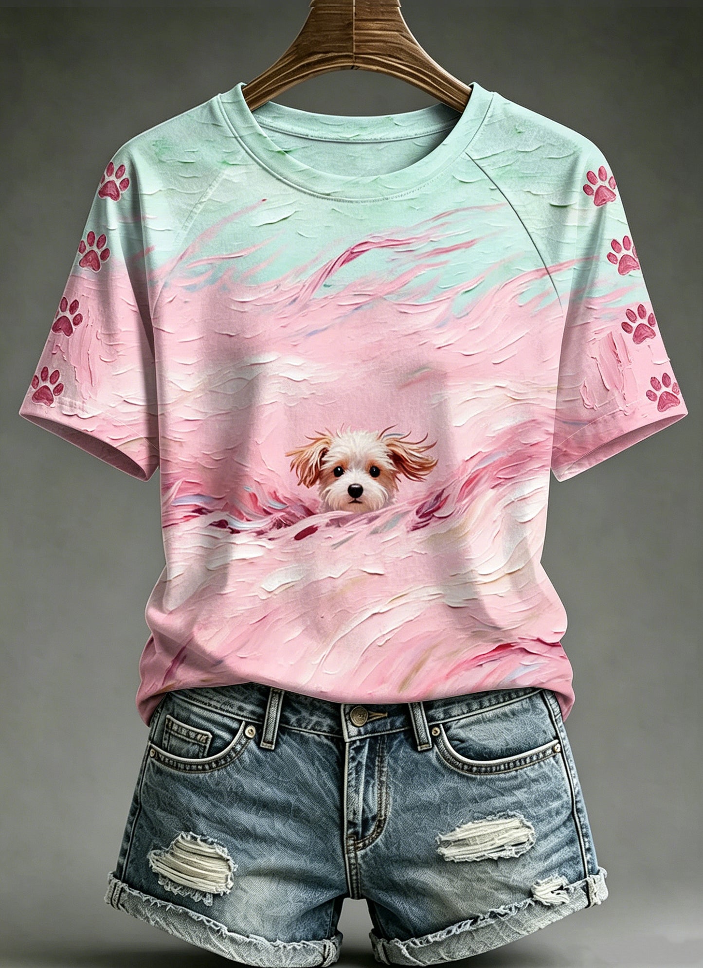 Kvinders Oliemaleri Dyr Hund trykket Vintage Fashion Loose korte ærme T-shirt