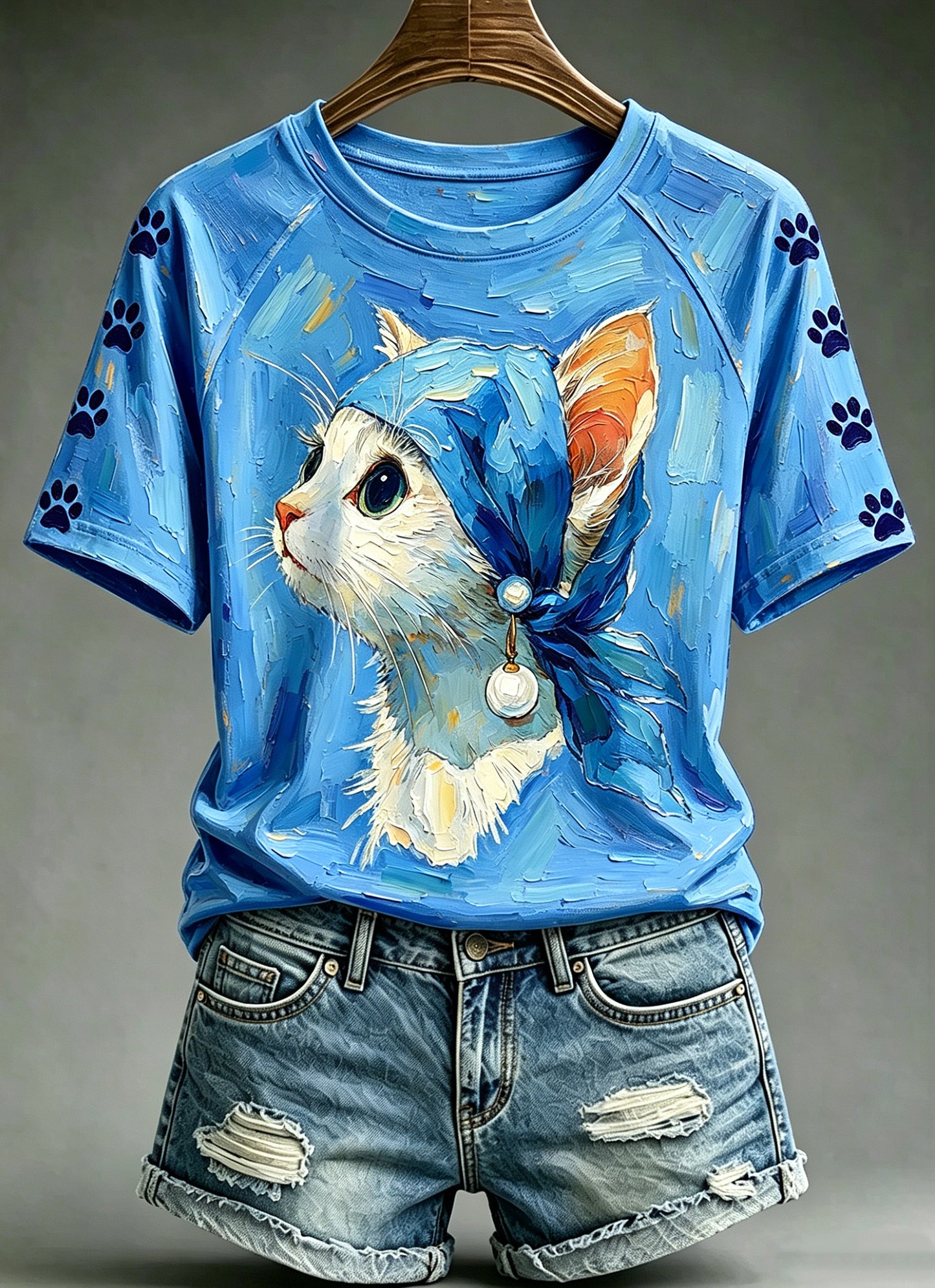 Kvinders Oliemaleri Dyr Funny Cat Printed Vintage Fashion Loose korte ærme T-shirt