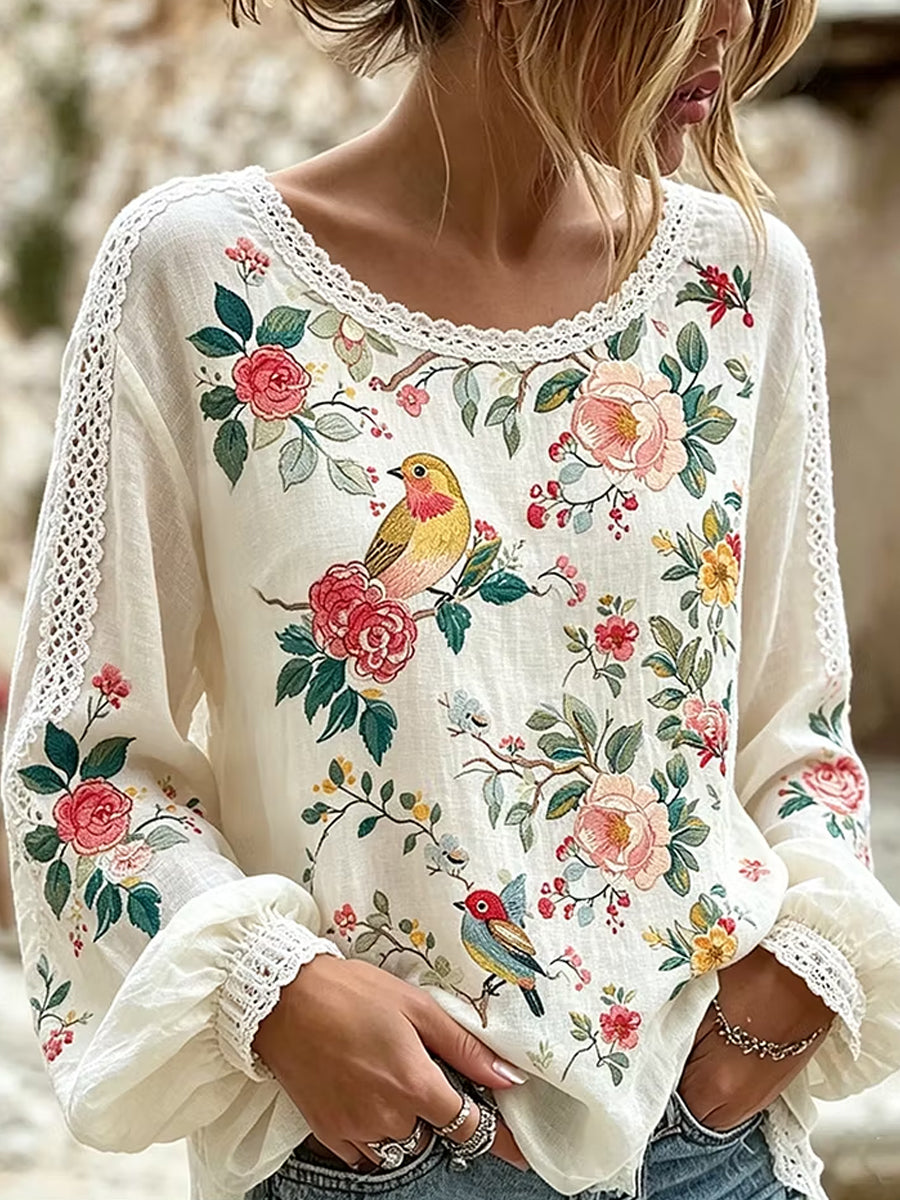 Kvinders vintage blomsterkunstprint bomuldslinned afslappet top
