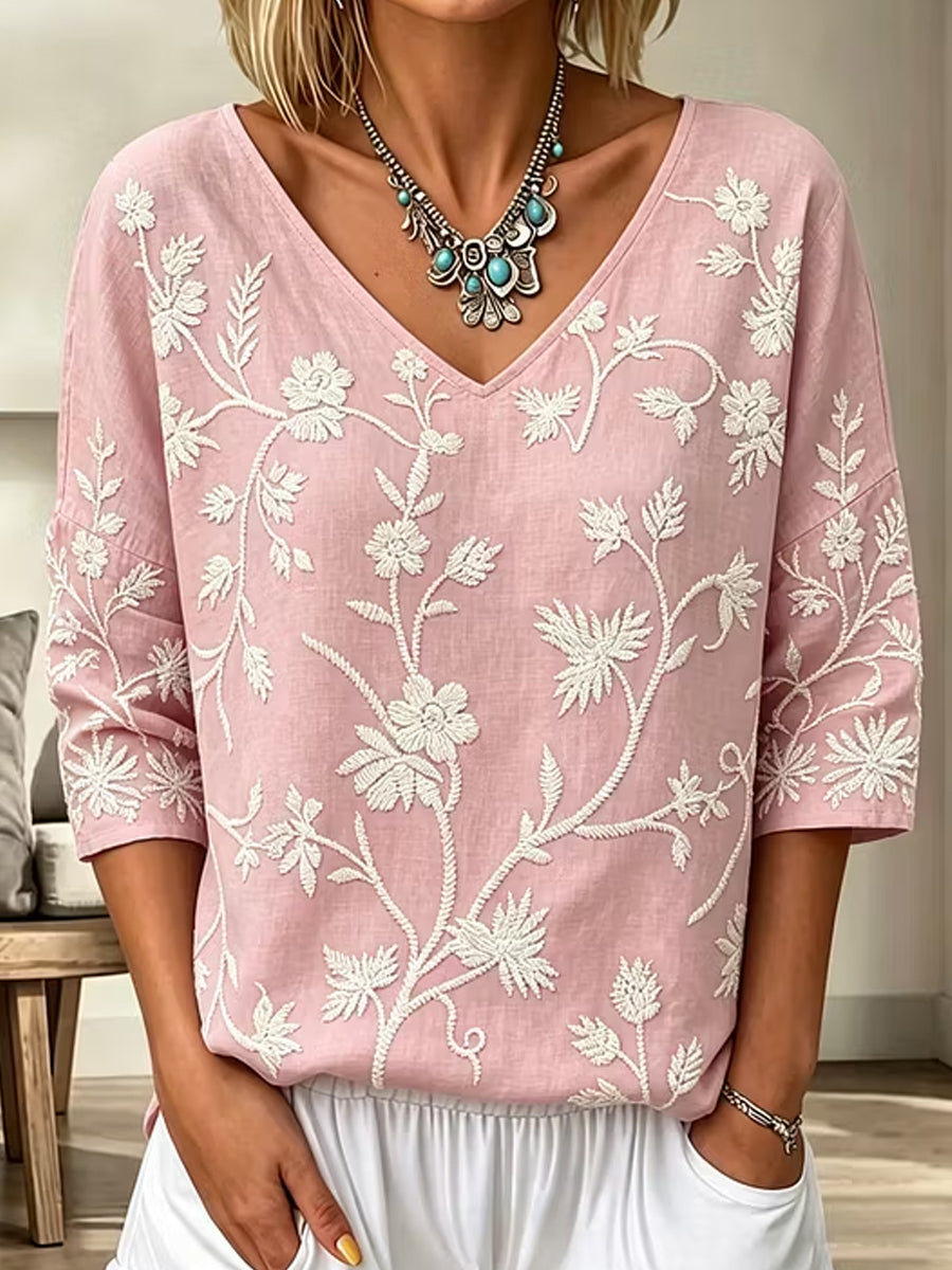Kvinders vintage blomsterkunstprint bomuldslinned afslappet top