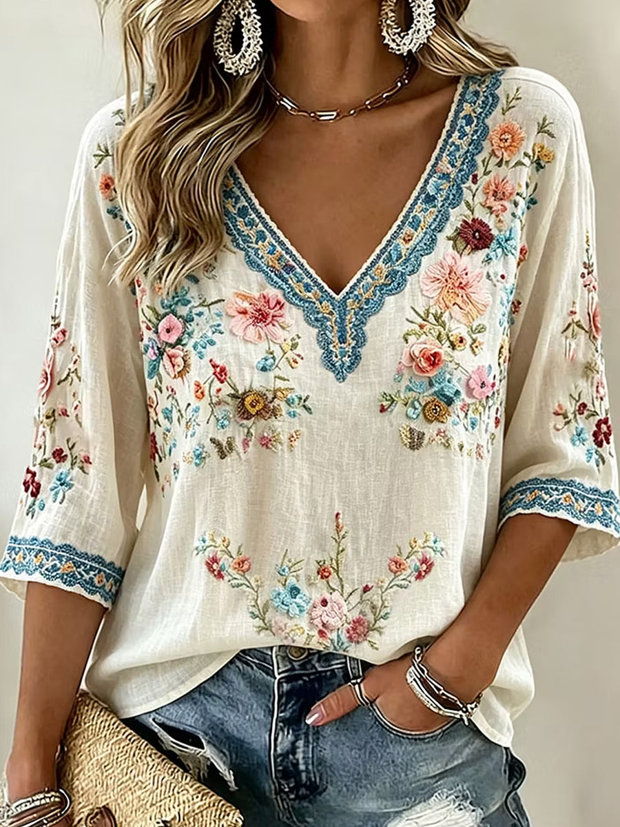 Kvinders vintage blomsterkunstprint bomuldslinned afslappet top
