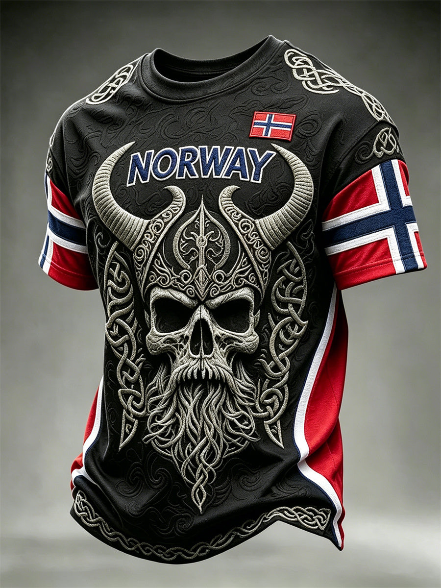 Menns Norge Viking kriger Skull Celtic Knot Flag Skriv ut korte ermer t-skjorte