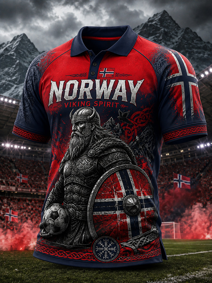 Menns polo-skjorte med korte ermer, prydet med et trykk av en vikingkriger og fotballmotiver