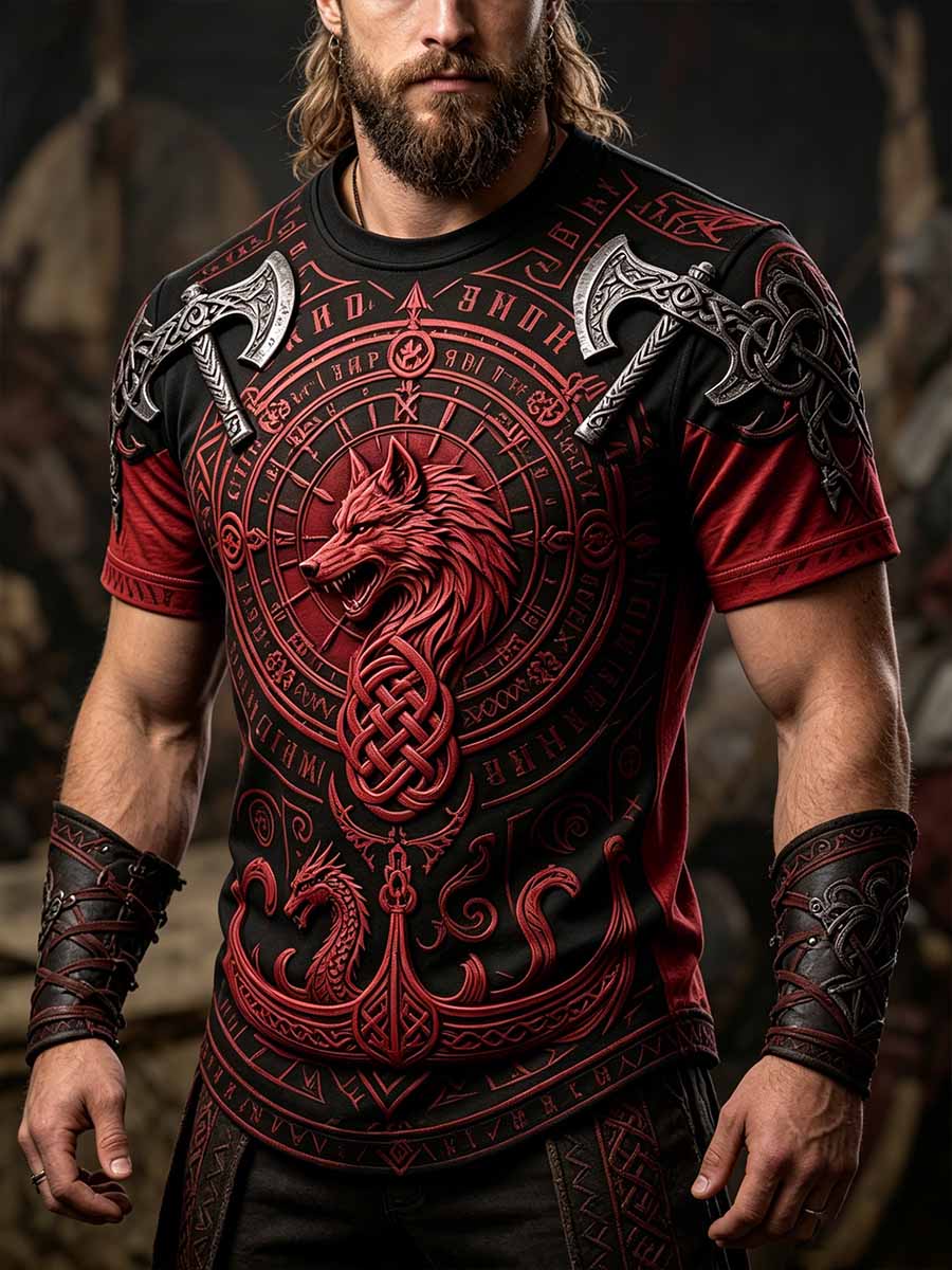 Menns kult retro vikingkriger-print i hverdagst-skjorte