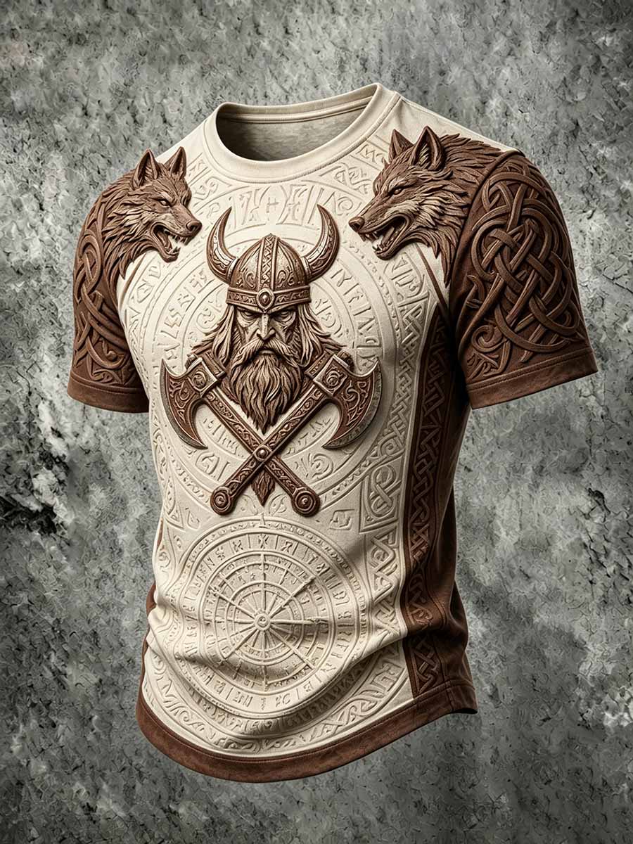 Menns kult retro vikingkriger-print i hverdagst-skjorte