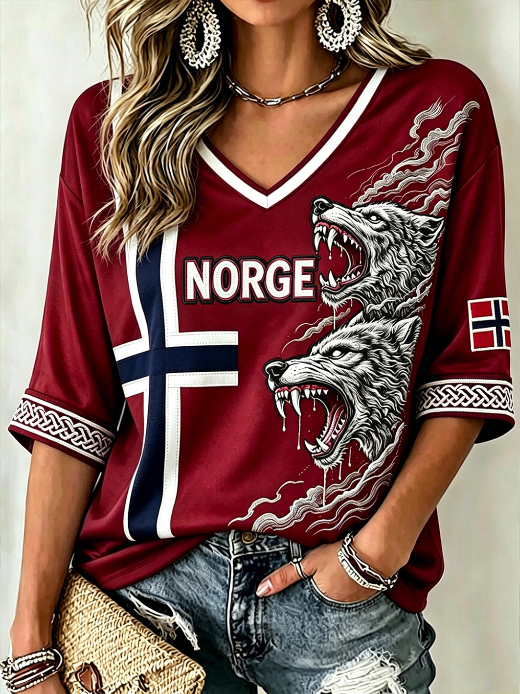 Kvinner Retro norsk viking dyr mønster trykt midt lengde ermer V-hals T-shirt