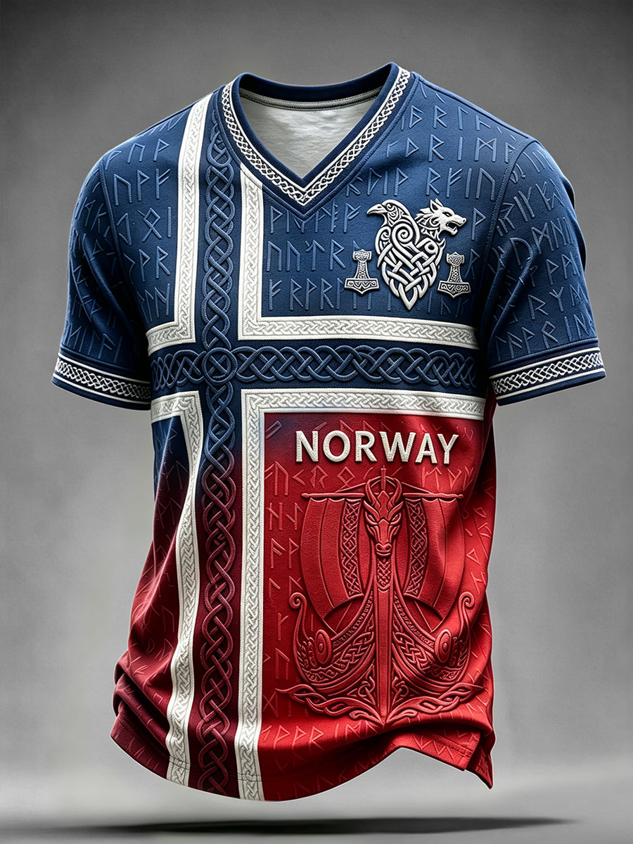 Menns Vintage Viking Inspirert keltisk Norge Flag Print V-hals T-skjorte