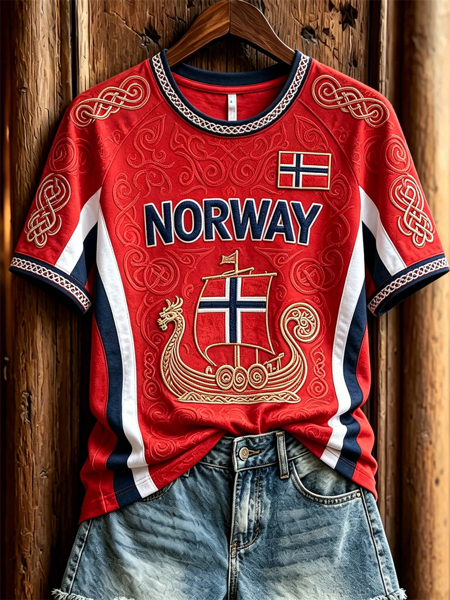 Damelag i Norge vikingskip keltisk knute flaggtrykk t-skjorte med kort ermer