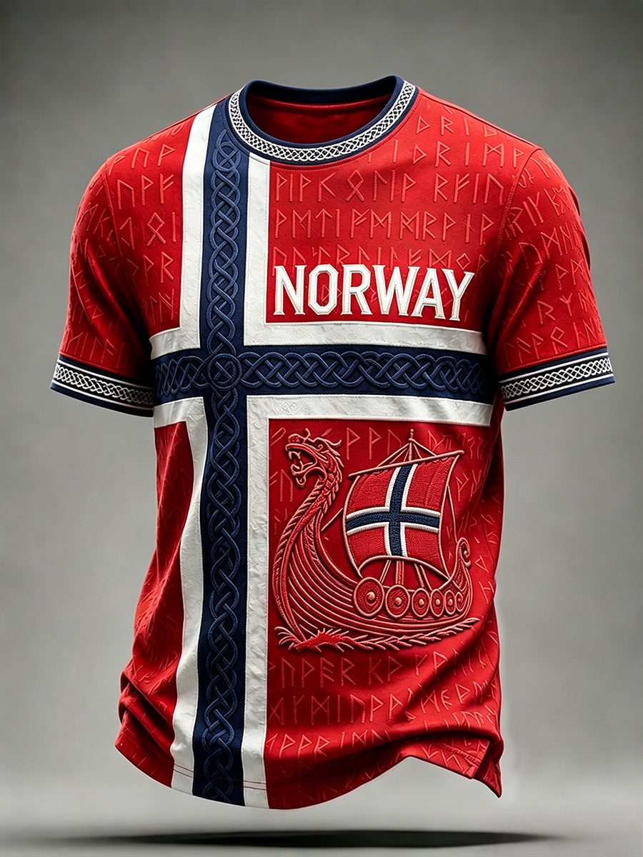 Menns Vikingruner og Langskipkunst Keltisk Norgesflagg-trykk T-skjorte med korte ermer