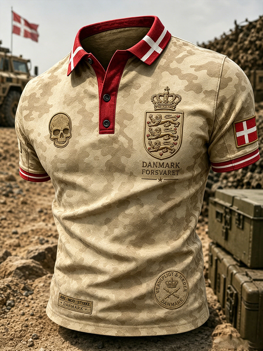 Mænds poloshirt med korte ærmer og vintagemønster i militærstil