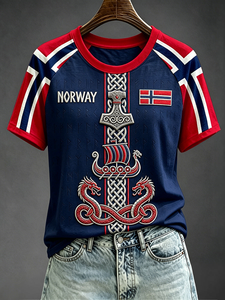 Kvinner Viking-inspirert kunst Norgesflagg trykk rund hals kortermet t-skjorte