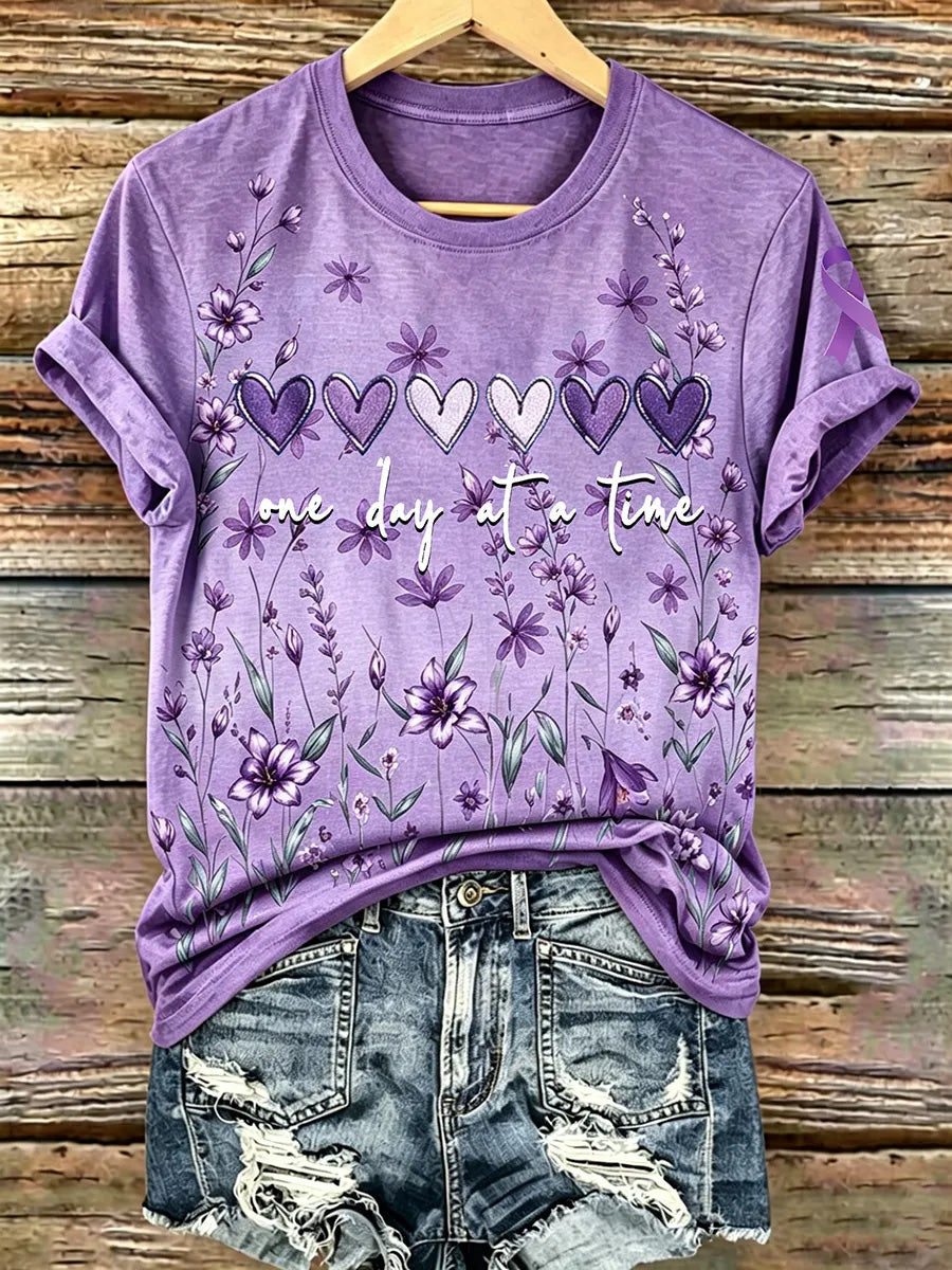 Kvinders lilla blomster & Alzheimers bevidsthed Support Print Tee