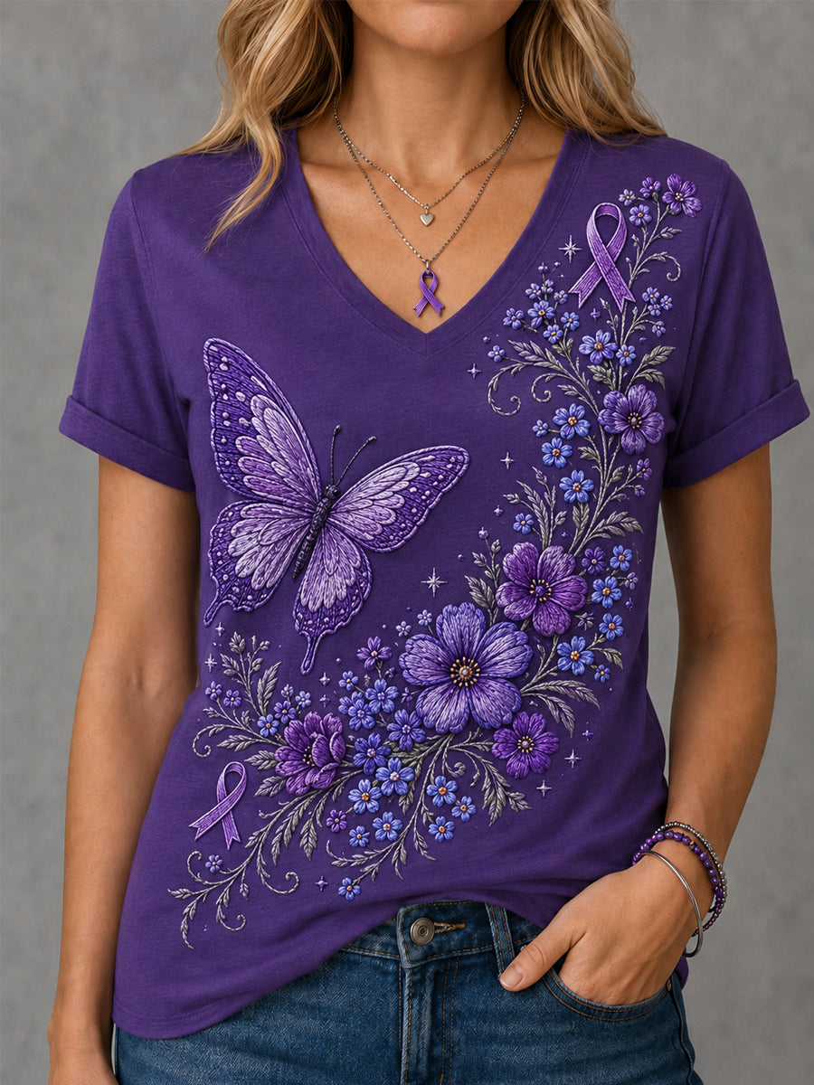 Kvinders lilla blomster & Sommerfugl Print Alzheimers bevidsthed Support V-Neck Tee