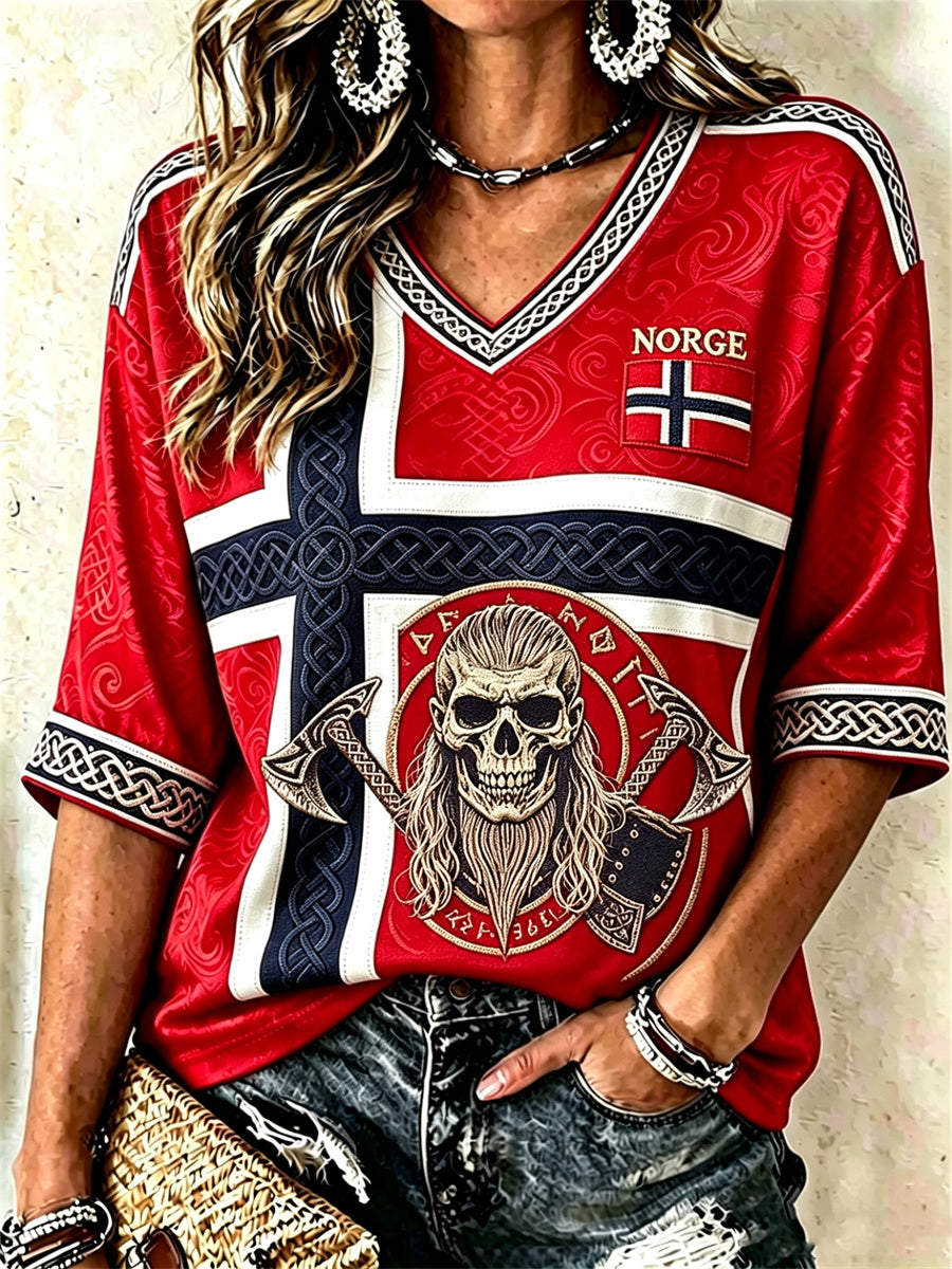 Kvinner Norge Viking Skull Celtic Knutflagg Skriv ut midt lengde ermer V-hals T-shirt