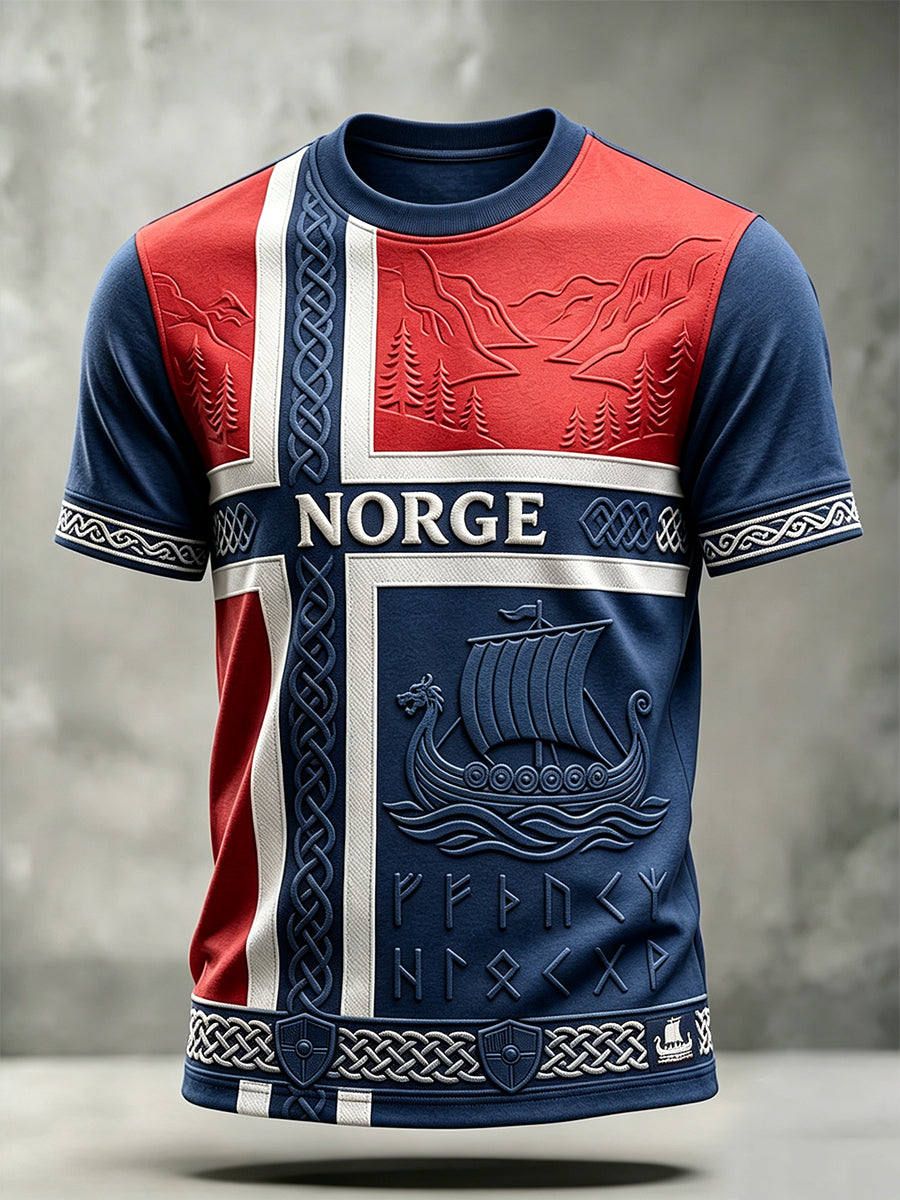 Menns Viking Inspirert kunst Celtic Norge Flag Skriv ut Kortærme T-skjorte
