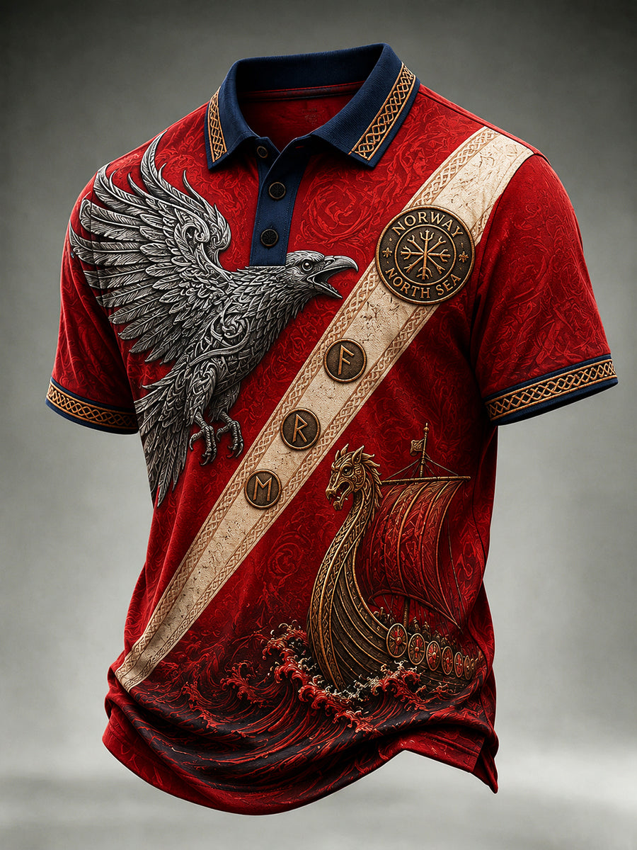 Retro nordisk vikingstil grafisk avslappet poloskjorte