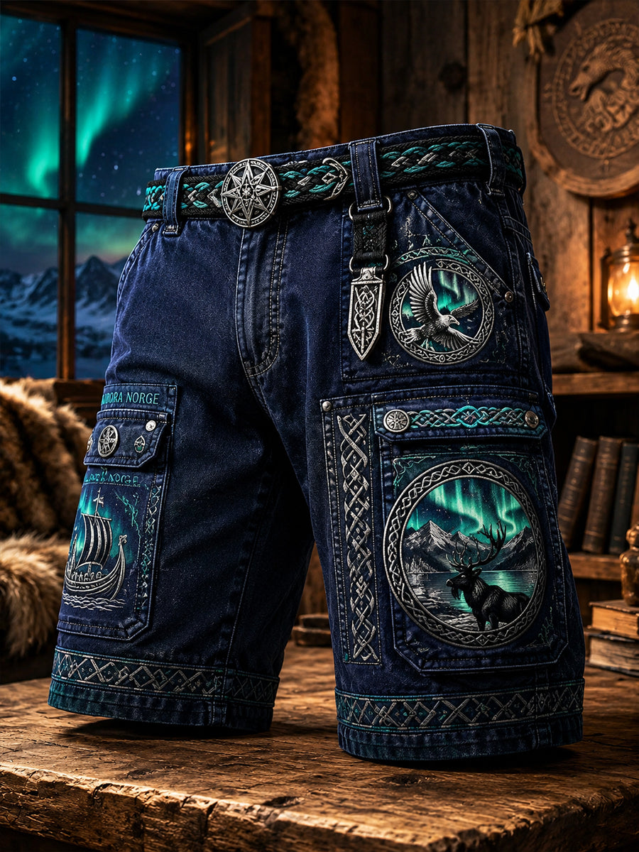 Fritidsbukser med kunsttrykk i vintage vikingnordisk stil