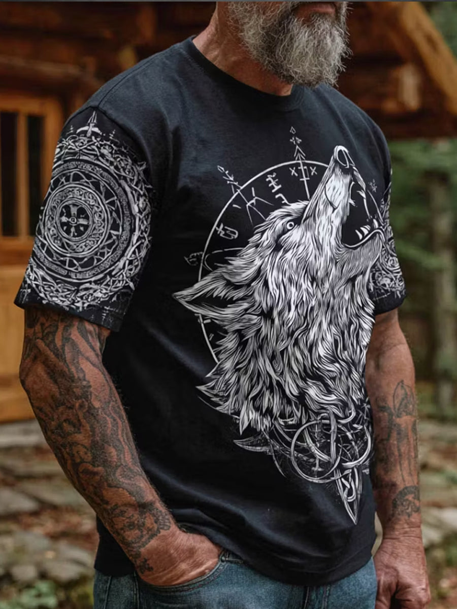 Retro vikingisk nordisk stil grafisk trykk avslappet t-skjorte