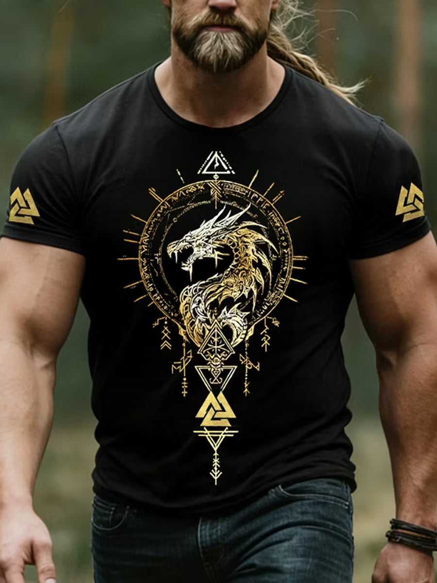 Retro vikingisk nordisk stil grafisk trykk avslappet t-skjorte