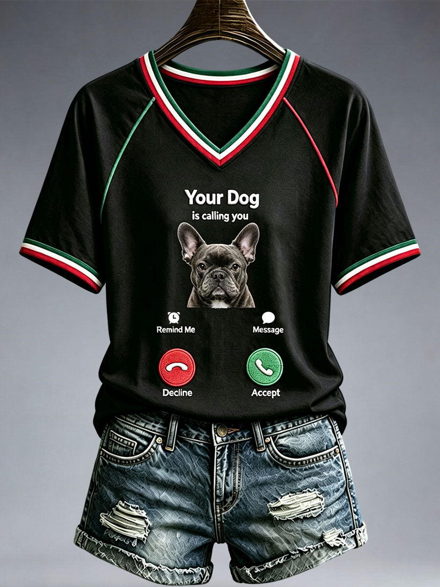Kvinders sjove fransk Bulldog V-hals T-shirt