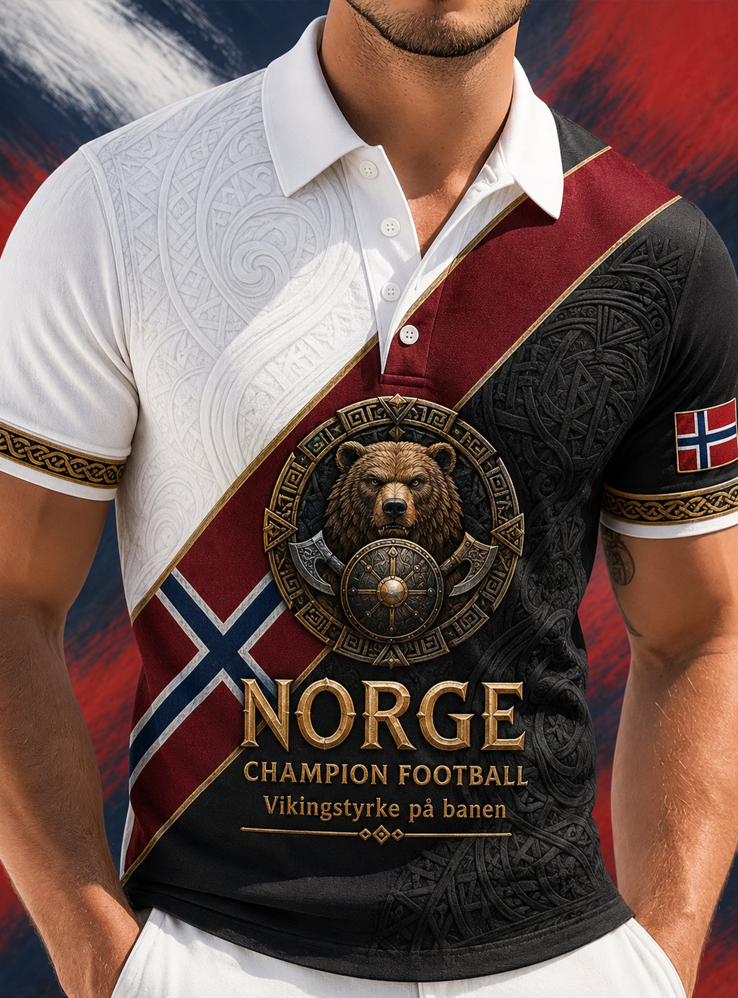 Menns polo-skjorte med kunsttrykk inspirert av norske vikinger