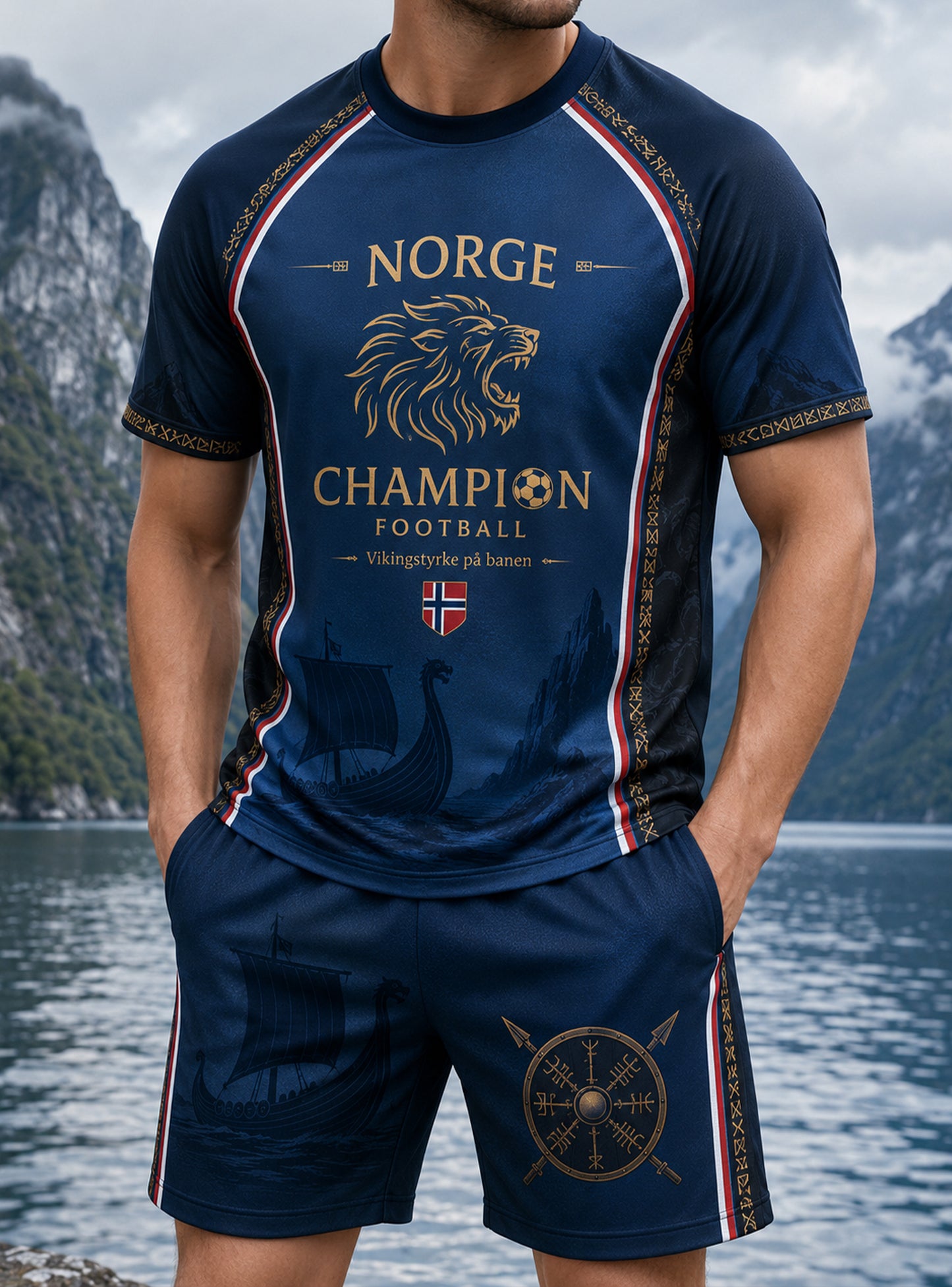 Herresett med kunsttrykk på t-skjorter med norsk vikingtema