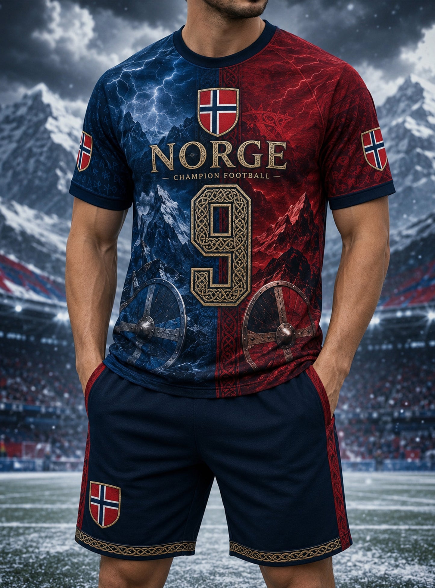 Herresett med kunsttrykk på t-skjorter med norsk vikingtema