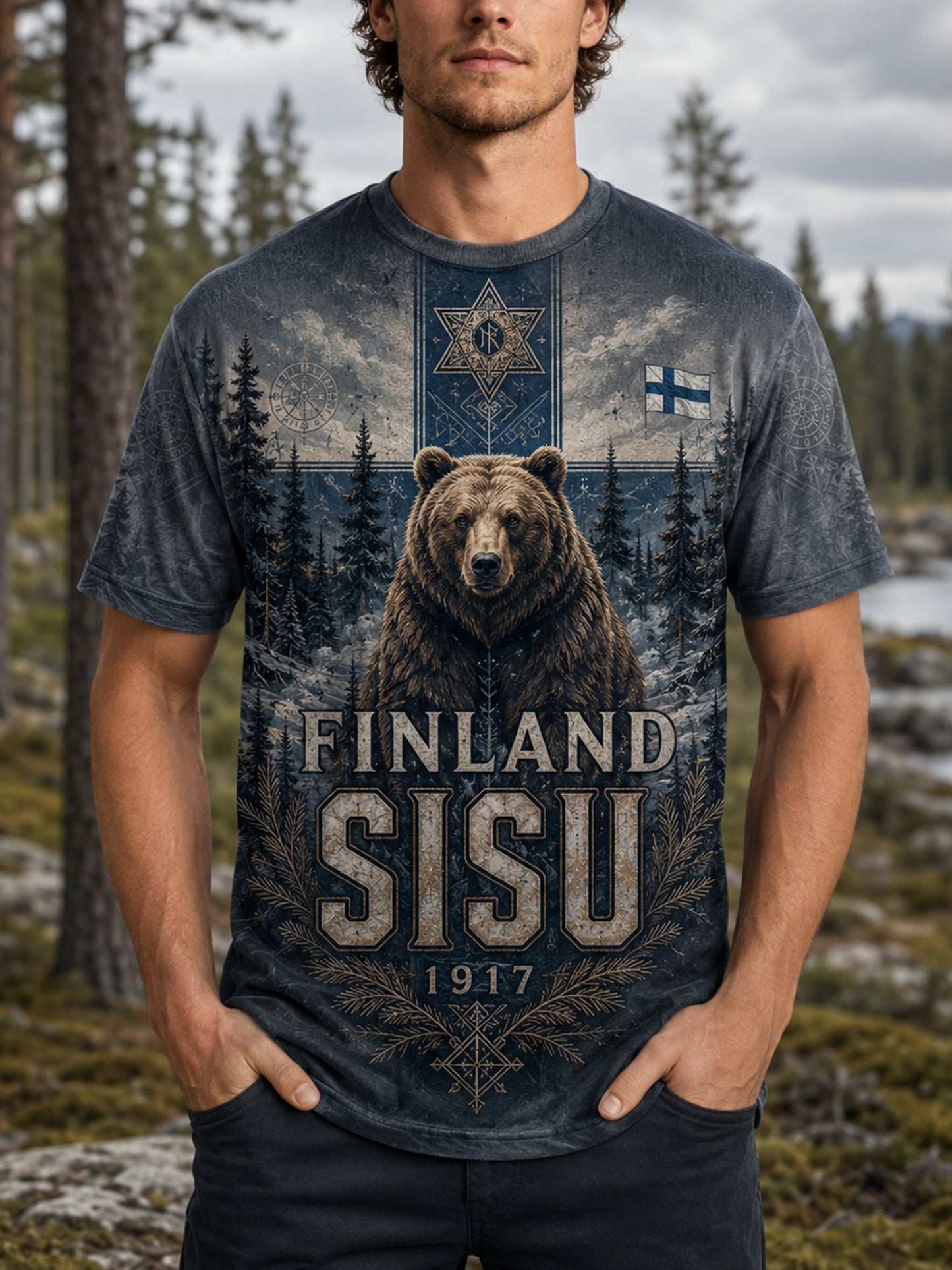 Miesten Sisu-perintö kulttuurielementit taidepainatukset T-paita (suomalainen veteraani)